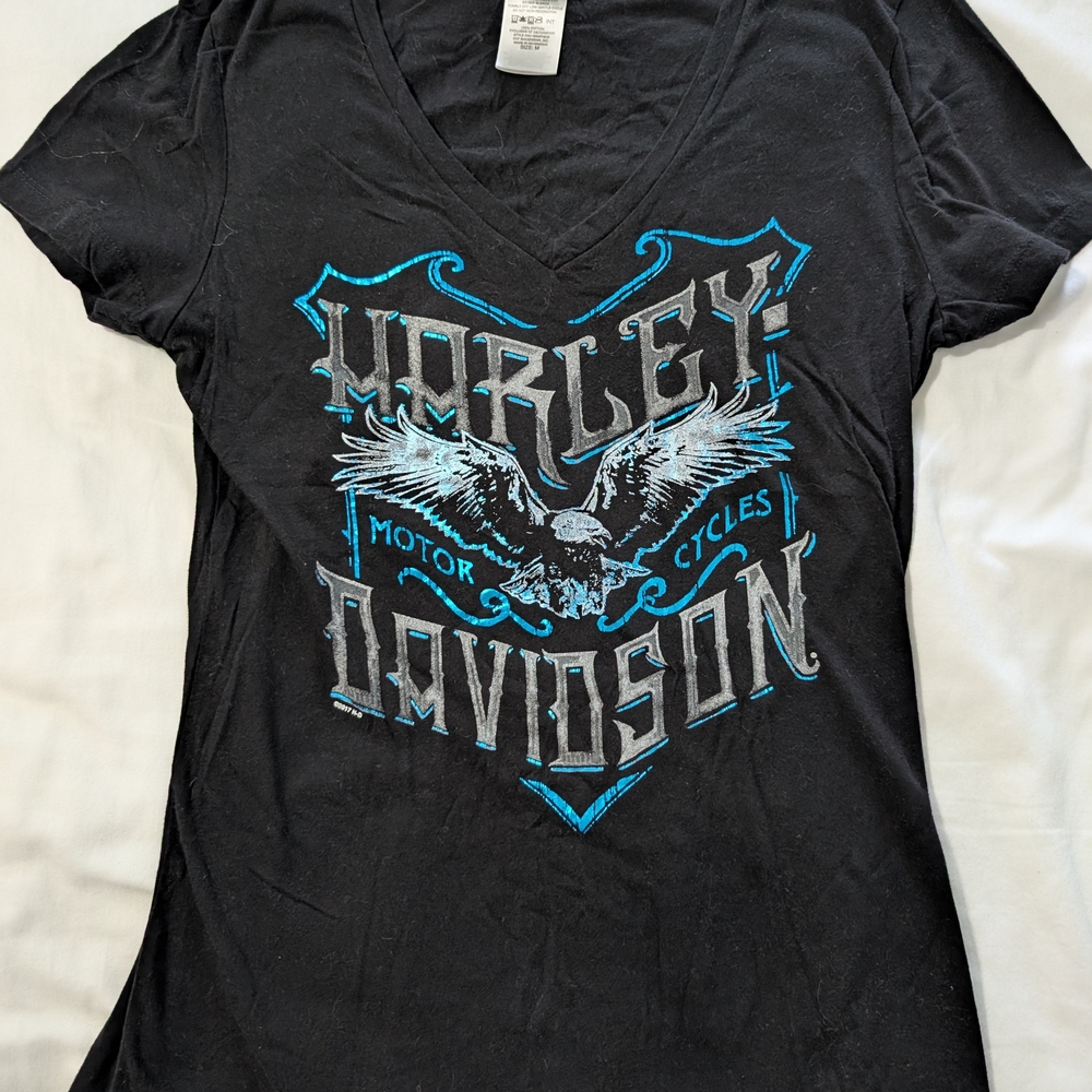 Harley-Davidson Black Tee with Blue and White Eagle Design